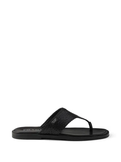 Prada Woven Leather Thong Sandals In Black