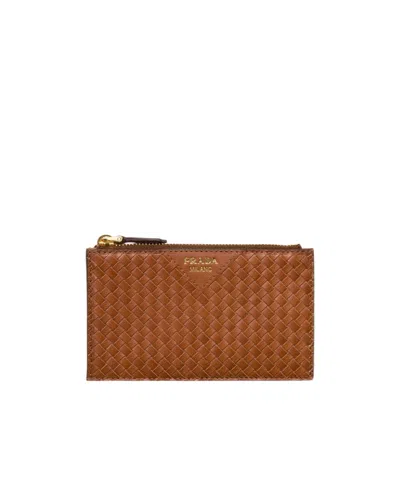 Prada Woven Madras Leather Card Holder In Brown