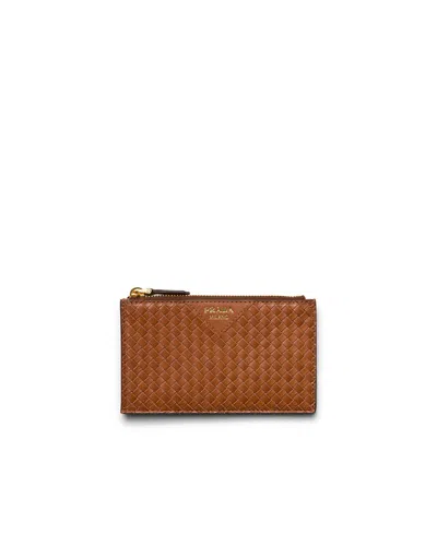 Prada Woven Madras Leather Card Holder In Brown