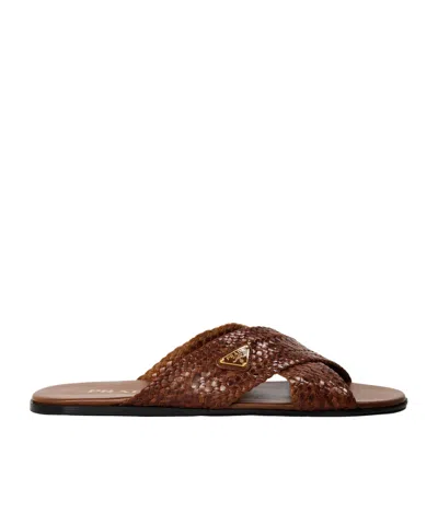 Prada Woven Slippers In Brown