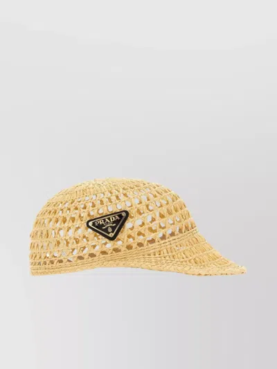 Prada Woven Straw Hat Curved Peak In Gold