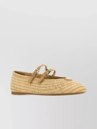 Prada Woven Texture Double Buckle Round Toe Flats In Beige O Tan