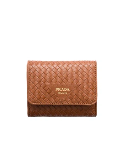 Prada Woven Textured Wallet In Brown