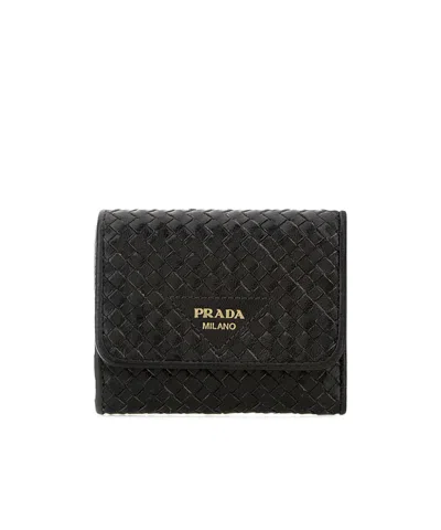 Prada Woven-design Foldover Wallet In Black