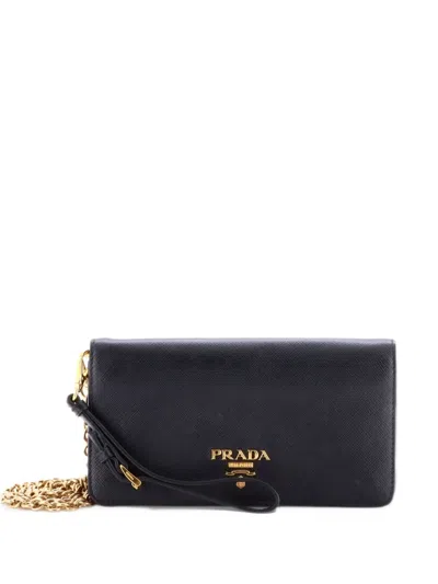 Pre-owned Prada Wristlet Wallet On Chain Saffiano Leather Mini Clutch Bag In Black