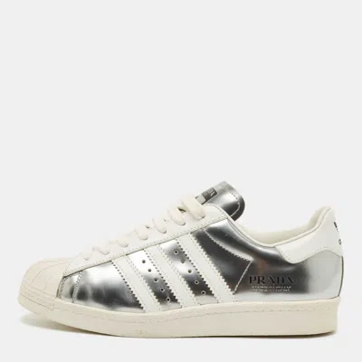 Pre-owned Prada X Adidas Silver/white Leather Superstar Lace Up Sneakers Size 39.5