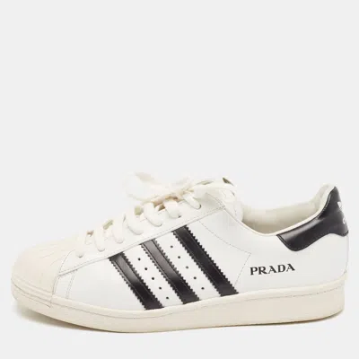 Pre-owned Prada X Adidas White/black Leather Superstar Lace Up Sneakers Size 40