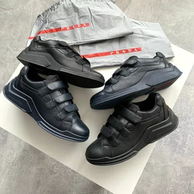 Pre-owned Prada X Vintage 2000's Prada Velcro Strap Leather Sneakers In Blue