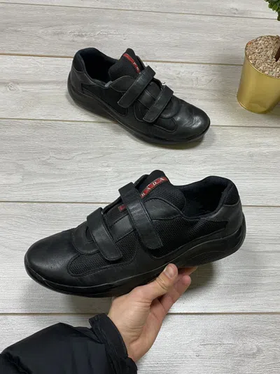 Pre-owned Prada X Vintage Prada Leather Red Tab Velcro Sneakers Americas Cup In Black