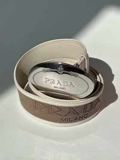 Pre-owned Prada X Vintage Prada Logo Buckle Canvas Belt Y2k Cowboy Runway Grunge In Beige