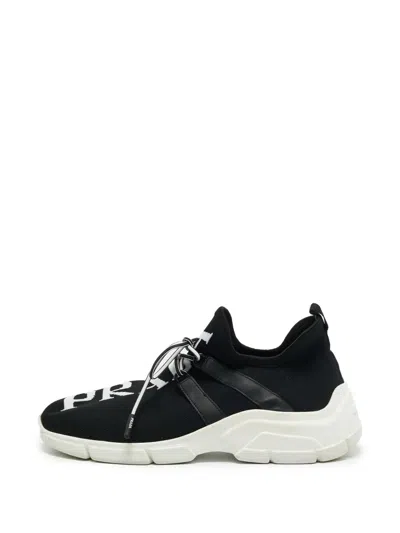 Pre-owned Prada Xy Logo Knit Sneakers In Black