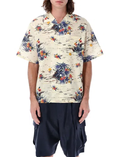 Prada Yellow Camp Collar Printed Shirt In White