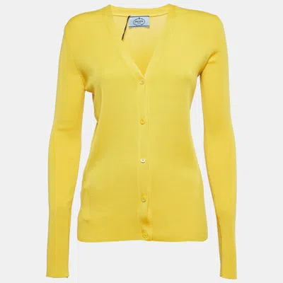 Pre-owned Prada Yellow Cashmere Blend Rib Knit Cardigan M