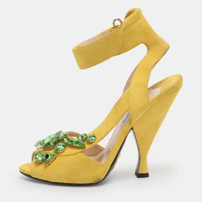 Pre-owned Prada Yellow Crystal Embellished Suede Leather Ankle Cuff Sandals Size 38.5