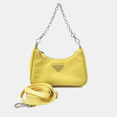 Pre-owned Prada Yellow Fabric Tesuto Chain Strap Mini Hobo Bag