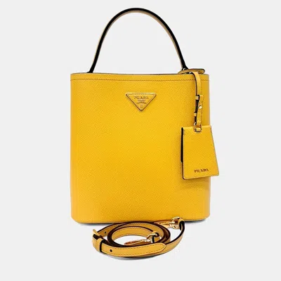 Pre-owned Prada Yellow Leather Saffiano Panier Tote And Shoulder Bag