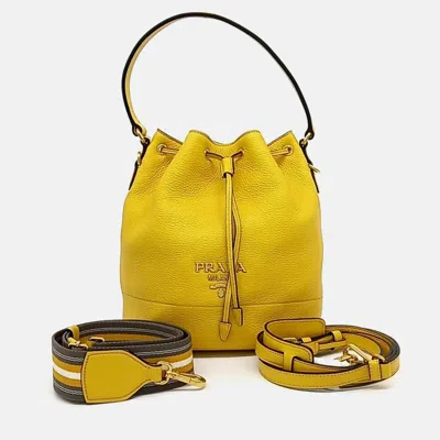 Pre-owned Prada Yellow Leather Vitello Dino Bucket Bag