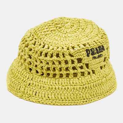 Pre-owned Prada Yellow Logo Crochet Raffia Bucket Hat M