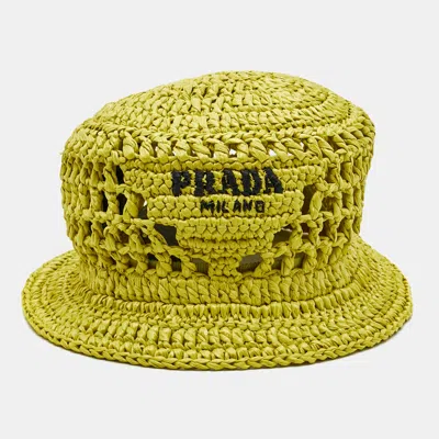 Pre-owned Prada Yellow Logo Crochet Raffia Bucket Hat M