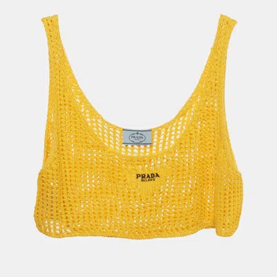 Pre-owned Prada Yellow Logo Embroidered Crochet Crop Top S