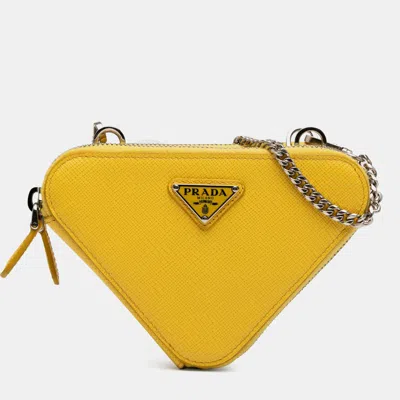 Pre-owned Prada Yellow Mini Saffiano Lux Double Triangle Satchel