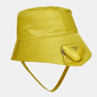 Pre-owned Prada Yellow Re-nylon Pouch Detail Bucket Hat L