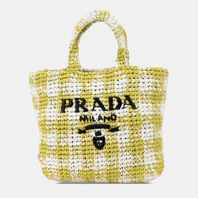 Pre-owned Prada Yellow Small Raffia Effect Crochet Embroidered Logo Tote Bag