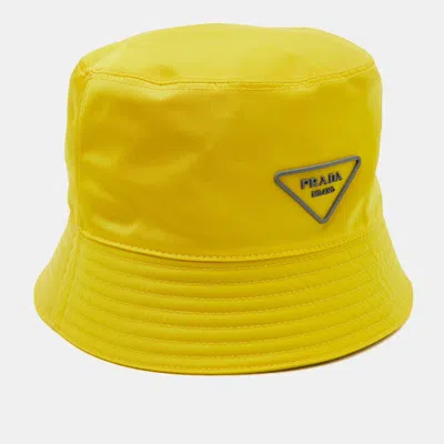 Pre-owned Prada Yellow Triangle Logo Nylon Bucket Hat Xl