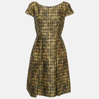 Pre-owned Prada Yellow/black Abstract Jacquard Pleated Short Dress M