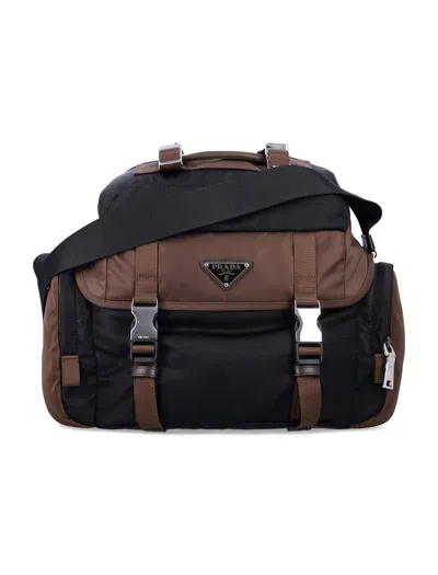Prada Two-tone Re-nylon Mini Crossbody Handbag With Silver Metal Finish In Brown