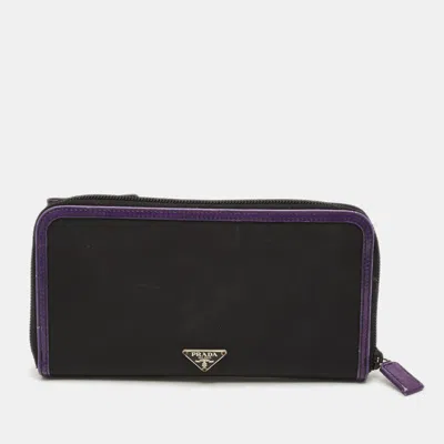 Pre-owned Prada Zip Around Black/purple Nylon And Patent Leather Wallet