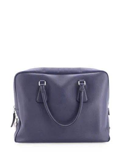 Pre-owned Prada Zip Around Briefcase Saffiano Leather Large Business Bag In Blue