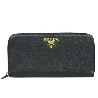 Pre-owned Prada Zip Around Tab Wallet Saffiano Leather Black Leather Wallets Accessory ()