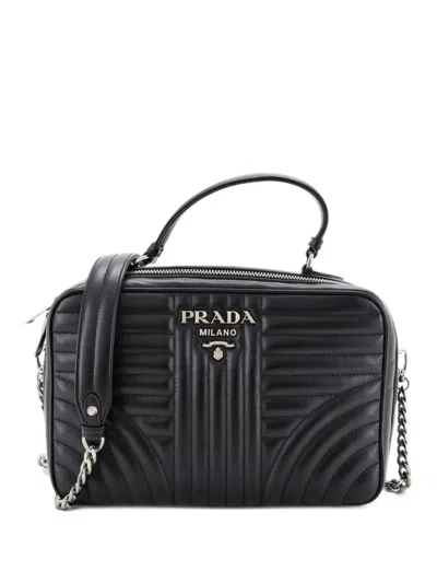 Pre-owned Prada Zip Around Top Handle Bag Diagramme Quilted Leather Medium Satchel In Black