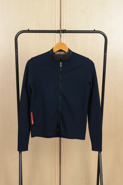 Pre-owned Prada Zip Cardigan Red Tab Nylon Details In Blue