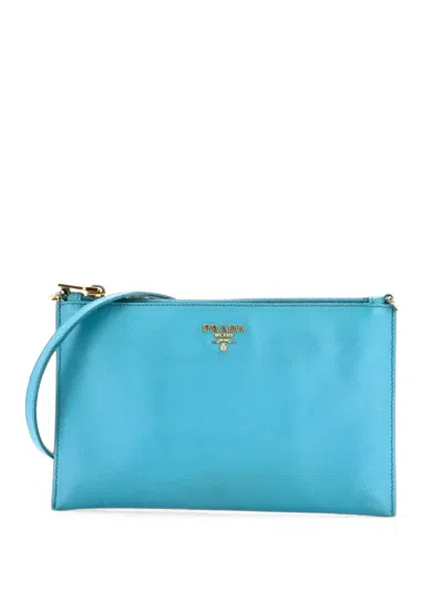 Pre-owned Prada Zip Flat Shoulder Bag Saffiano Leather Small Clutch Bag In Blue