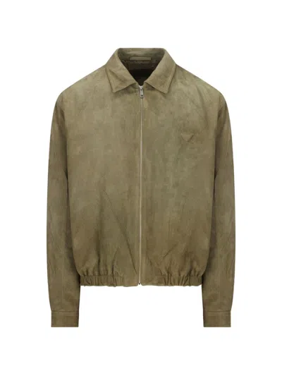 Prada Suede Leather Bomber Jacket Long Sleeves In Green