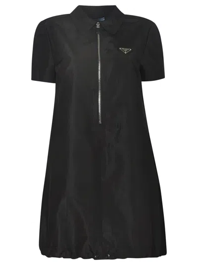 Prada Zip Logo Plaque Dress In Black