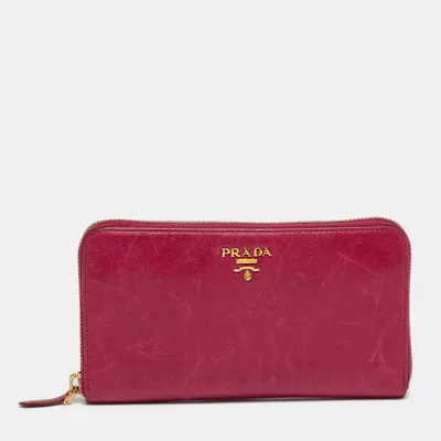 Pre-owned Prada Zip Pink Vitello Shine Leather Continental Wallet