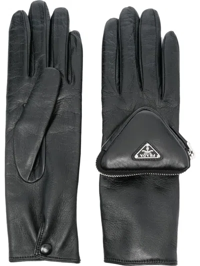 Prada Zip-pocket Leather Gloves In Black
