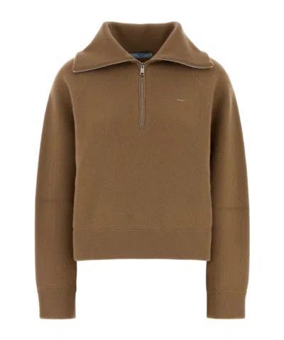 Prada Zip Polo Knitted Sweater In Brown
