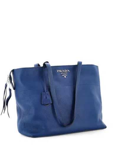 Pre-owned Prada Zip Shopping Leather Medium Tote Bag In Blue