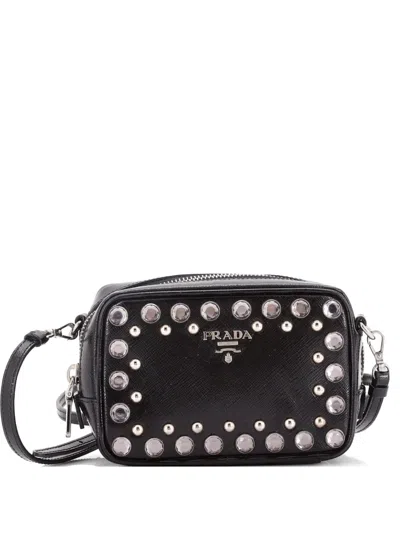 Pre-owned Prada Zip Studded Vernice Saffiano Leather Mini Crossbody Bag In Black