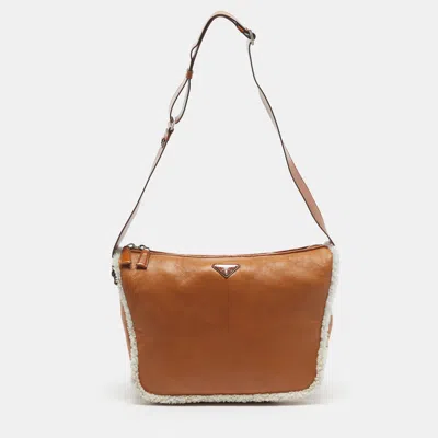 Pre-owned Prada Zip Tan/white Leather And Shearling Shoulder Bag In Brown