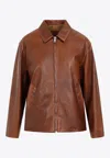 Prada Enamel-logo Leather Jacket In Brown