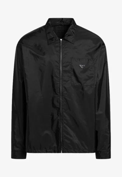 Prada Zip-up Overshirt With Triangle-logo In Black