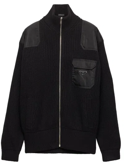 Prada Zip-up Ribbed Knit Cardigan In Schwarz