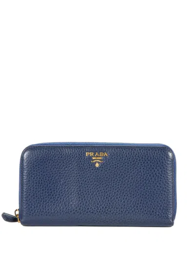 Pre-owned Prada Zip-around Grained Wallet In Blue