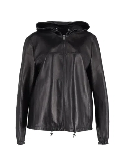 Pre-owned Prada Zipped Hooded Leather Jacket In Black