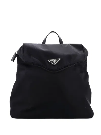 Pre-owned Prada Zipped Triangle Flap Re-nylon And Leather Backpack In Black